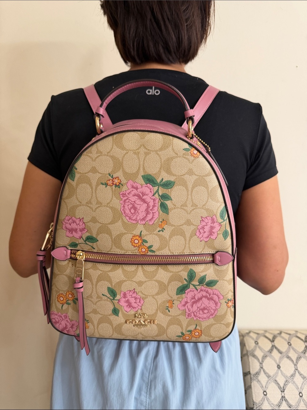 Coach Beige Floral Signature Mini Backpack with Pink Trim - Picture 4 of 4